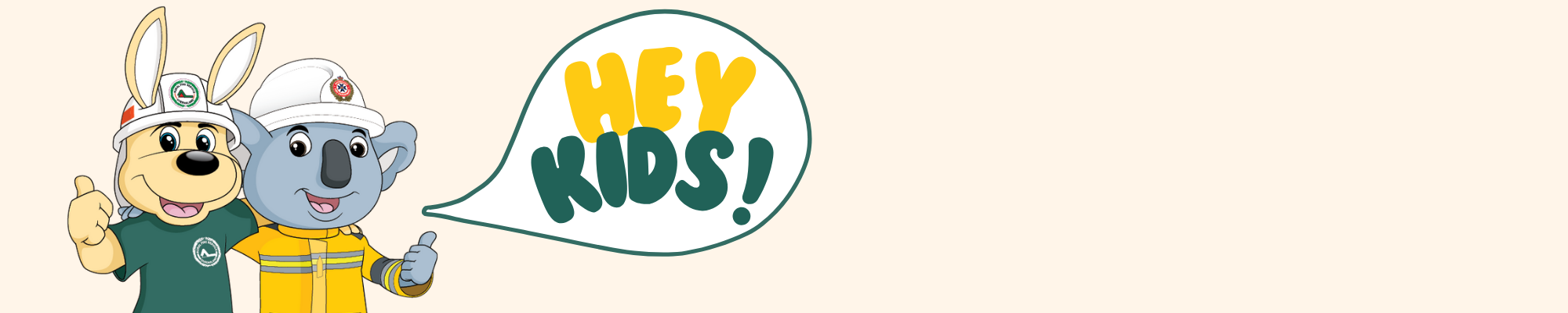A cartoon of Bushy (Kangaroo) and Blazer (koala) with a speech bubble that says "Hey kids!"