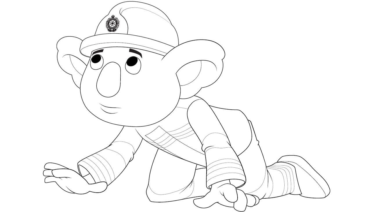 An outline drawing of a koala dressed as a firefighter crawling in a fire